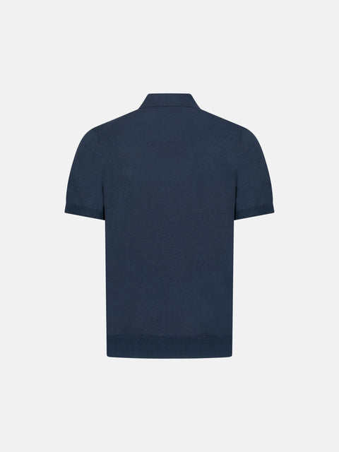 Silk Cotton Knitted Full Zip Polo- Avio Blue
