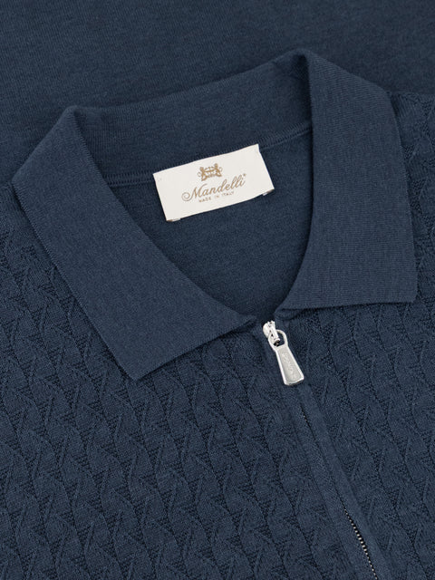 Silk Cotton Knitted Full Zip Polo- Avio Blue