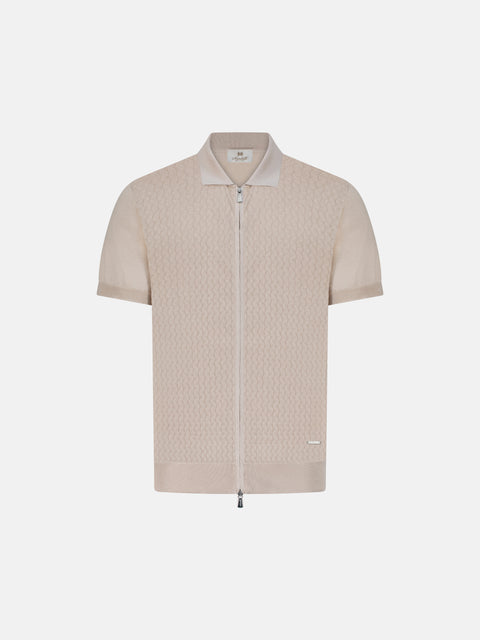 Silk Cotton Knitted Full Zip Polo- Sahara
