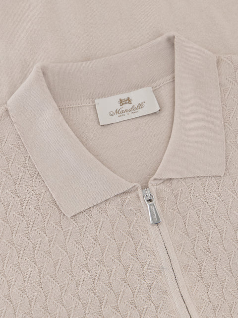 Silk Cotton Knitted Full Zip Polo- Sahara
