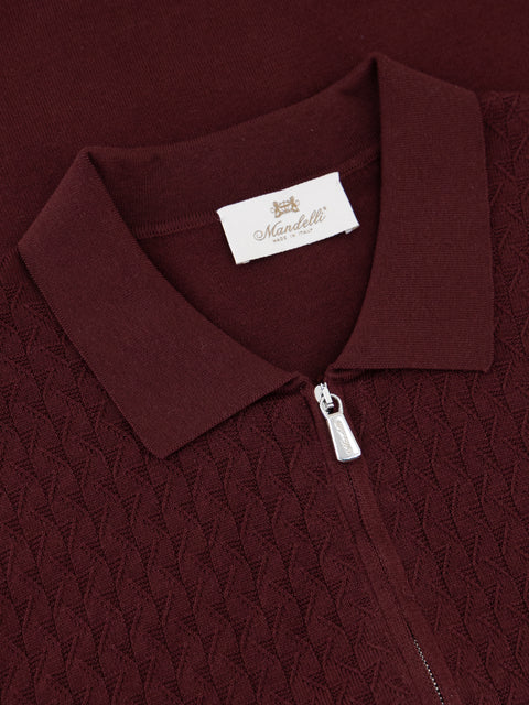 Silk Cotton Knitted Full Zip Polo- Burgundy