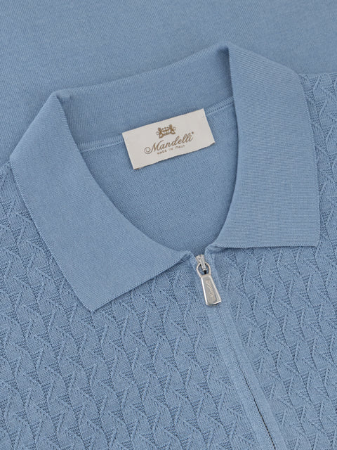 Silk Cotton Knitted Full-Zip Polo- Dream Blue