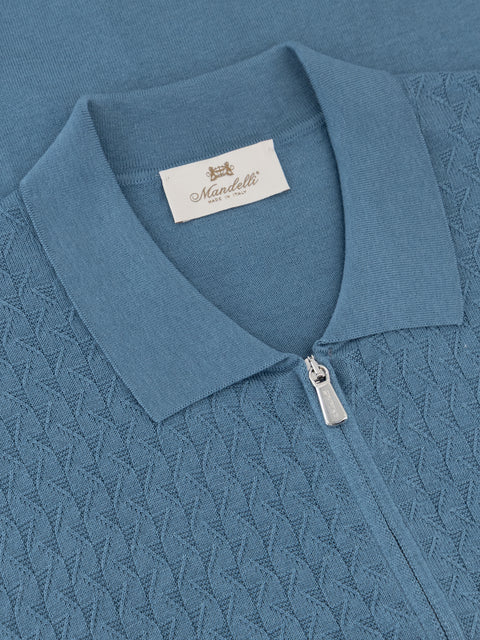Silk Cotton Knitted Full Zip Polo-Grey Green