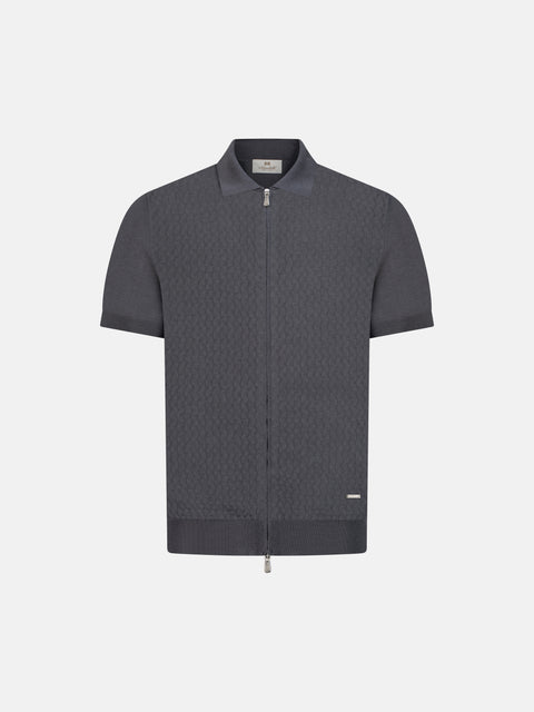Silk Cotton Knitted Full Zip Polo- Deep Grey