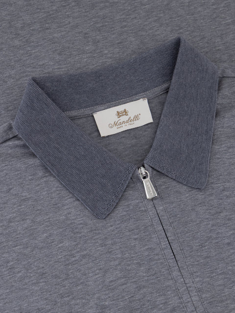 Cotton Knitted Zip Polo -Silver