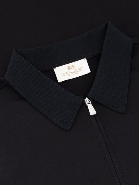 Cotton Knitted Zip Polo - Black