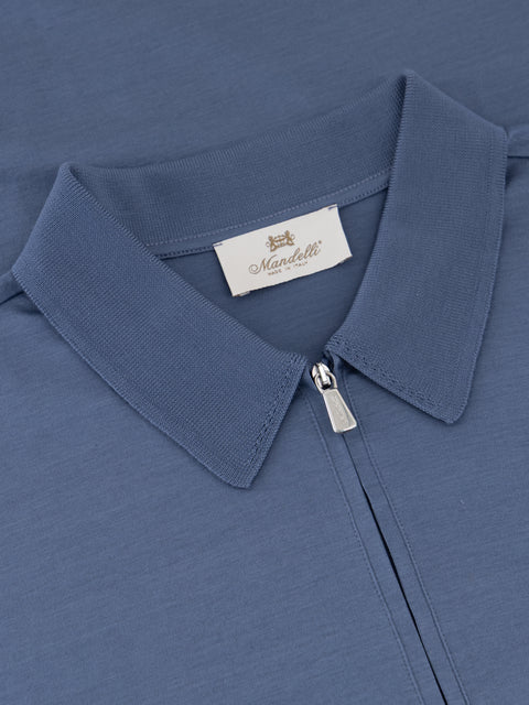 Cotton Knitted Zip Polo- Avio Blue