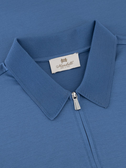 Cotton Knitted Zip Polo- Cornflower Blue