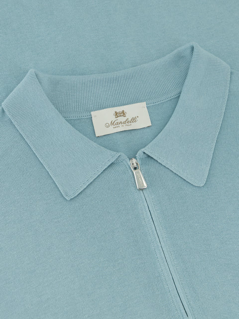 Pure Silk Knitted Zip Polo- Glacier Blue