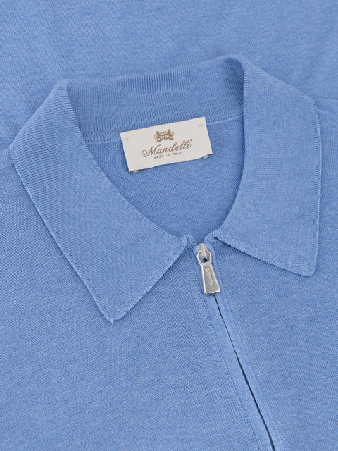 Pure Silk Knitted Zip Polo- Sky Blue