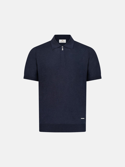 Pure Silk Knitted Zip Polo- Blue
