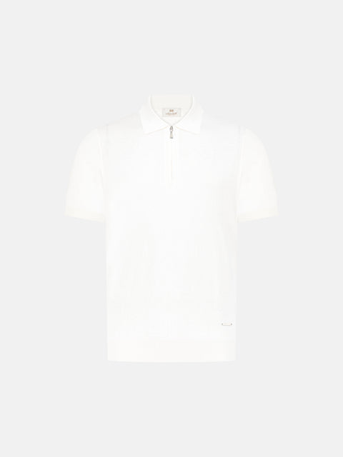 Pure Silk Knitted Zip Polo- White