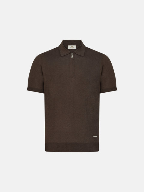 Pure Silk Knitted Zip Polo- Brown
