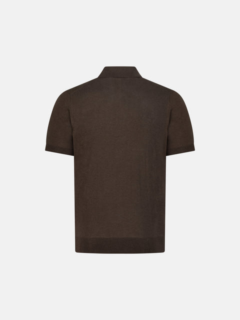 Pure Silk Knitted Zip Polo- Brown