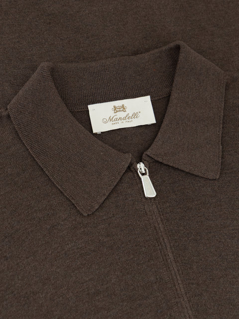 Pure Silk Knitted Zip Polo- Brown
