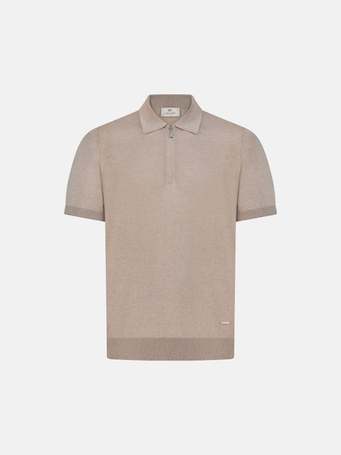 Pure Silk Knitted Zip Polo- Beige