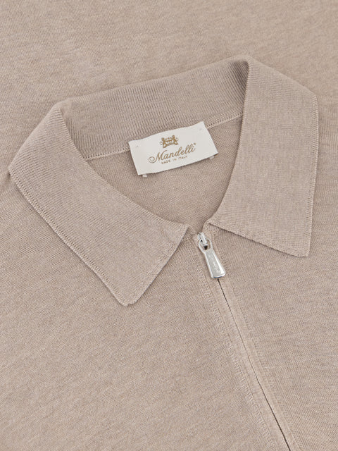Pure Silk Knitted Zip Polo- Beige