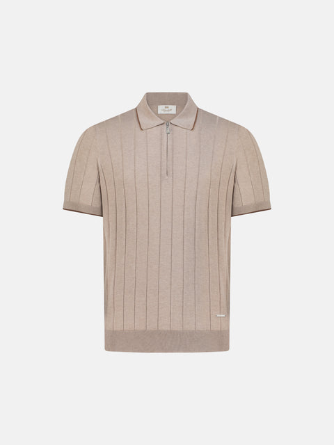 Pure Silk Ribbed Zip Polo- Beige