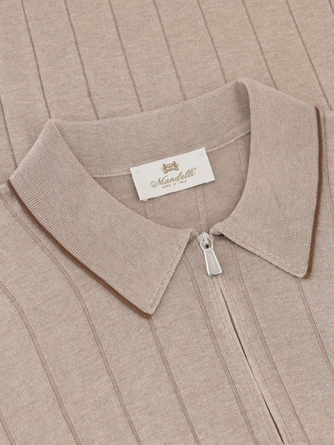 Pure Silk Ribbed Zip Polo- Beige