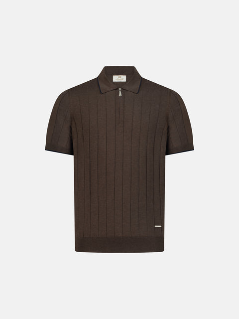 Pure Silk Ribbed Zip Polo- Brown