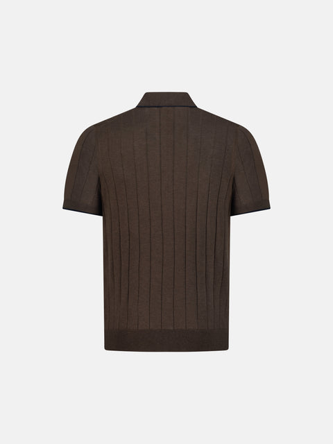 Pure Silk Ribbed Zip Polo- Brown