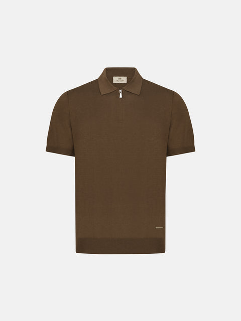 Silk & Cotton Knitted Polo with Zip – Marrone