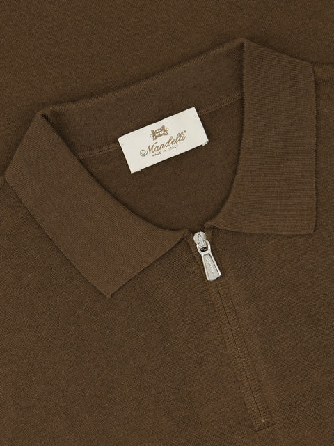 Silk & Cotton Knitted Polo with Zip – Marrone