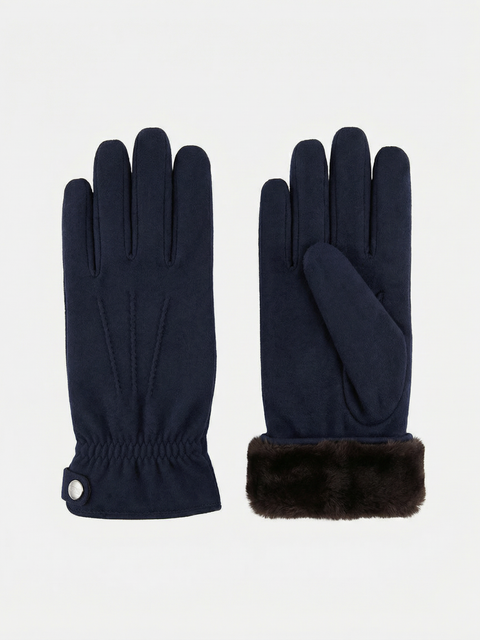 Cashmere & Mink Trim Gloves- Navy Blue
