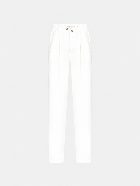 Linen & Cotton Pleated Drawstring Trousers with Slanted Pockets — White